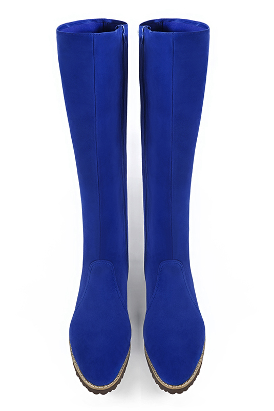 Electric blue women's riding knee-high boots. Round toe. Flat rubber soles. Made to measure. Top view - Florence KOOIJMAN